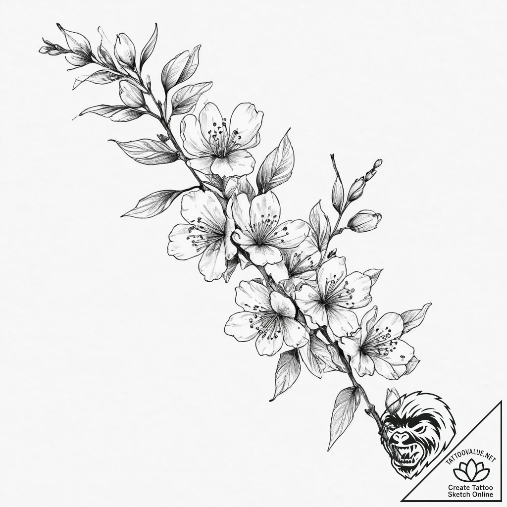 Tattoo sketch flowering cherry branch, ink il... - tattoo sketch (№1755859872_0, 22.08.2025 10:51) — tattoovalue.net