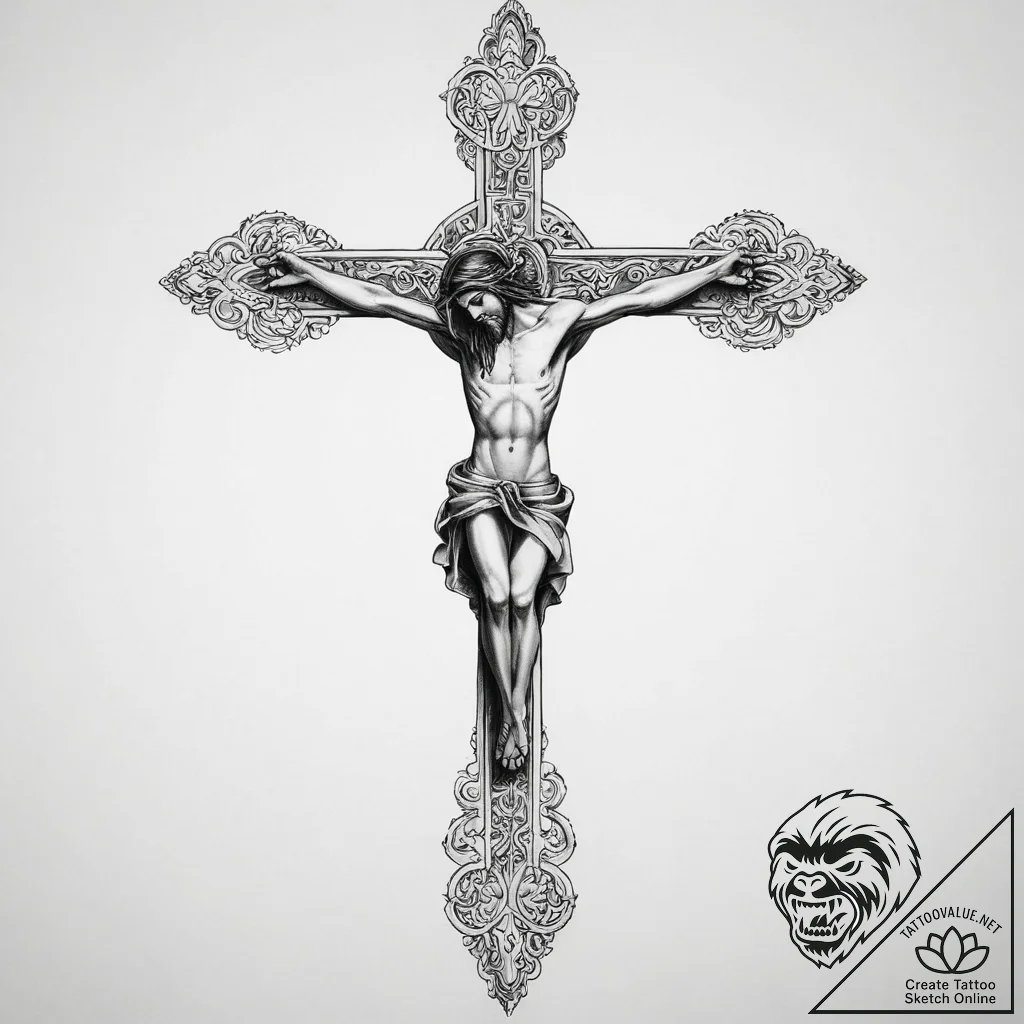 Tattoo sketch crucifix and scroll - tattoo sketch (№1755861880_0, 22.08.2025 11:24) — tattoovalue.net