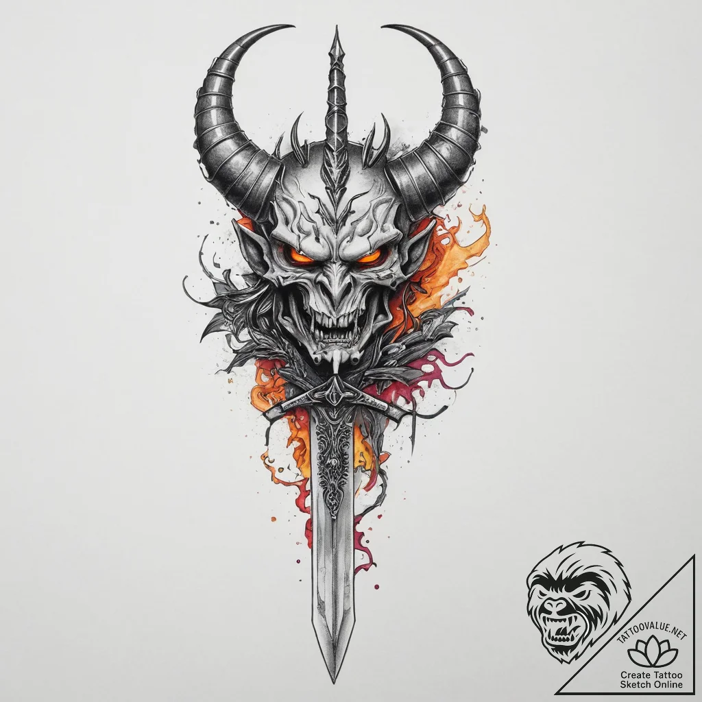 Tattoo sketch demon with a sword, tattoo flas... - tattoo sketch (№1755871335_0, 22.08.2025 14:02) — tattoovalue.net