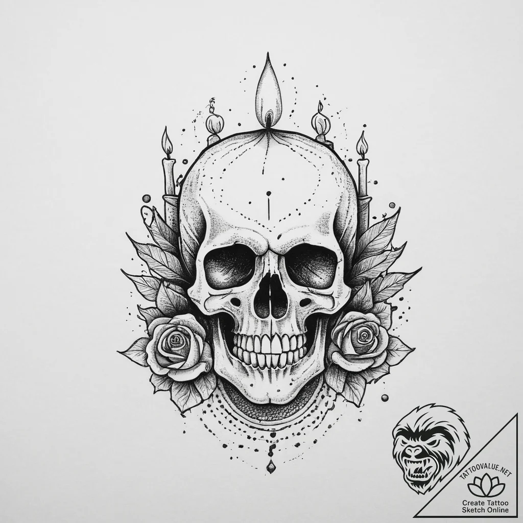 Tattoo sketch dark academia skull and a candl... - tattoo sketch (№1755875564_0, 22.08.2025 15:12) — tattoovalue.net