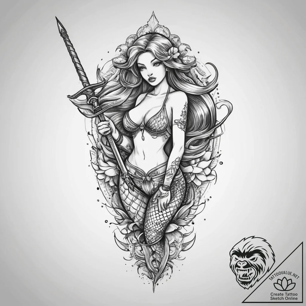 Tattoo sketch mermaid with a sword, tattoo sk... - tattoo sketch (№1755878180_0, 22.08.2025 15:56) — tattoovalue.net