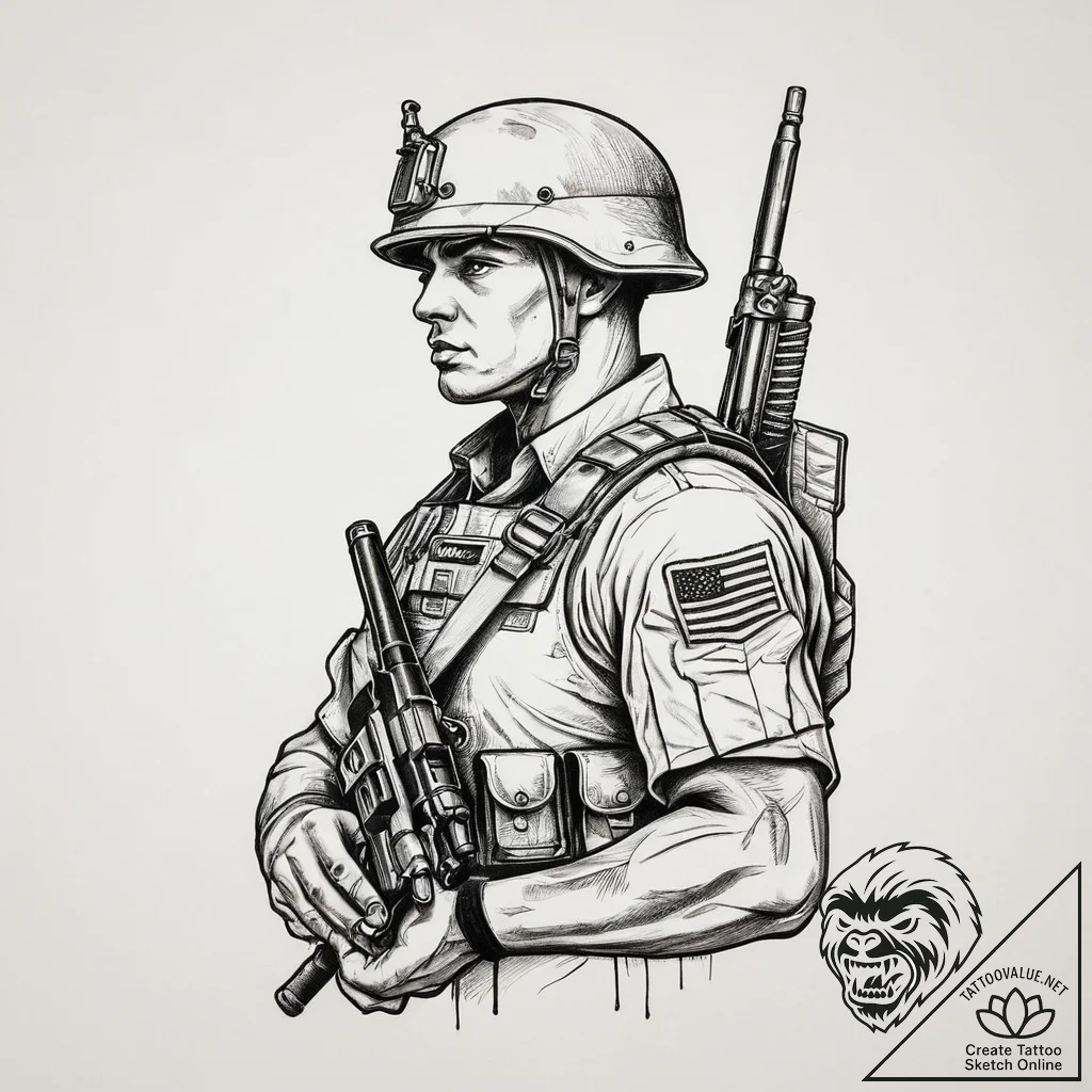Tattoo sketch soldier with a pen, tattoo flas... - tattoo sketch (№1755880182_0, 22.08.2025 16:29) — tattoovalue.net