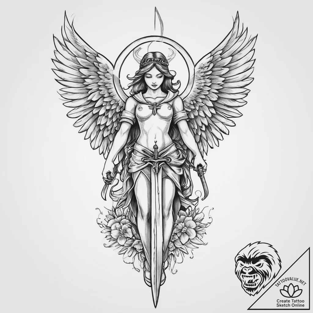Tattoo sketch angel with sword, tattoo flash... - tattoo sketch (№1755881778_0, 22.08.2025 16:56) — tattoovalue.net