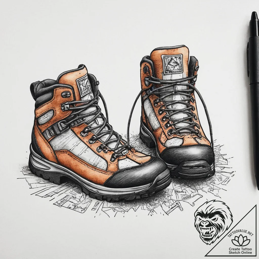 Tattoo sketch hiking hiking boots and a trail... - tattoo sketch (№1755885596_0, 22.08.2025 17:59) — tattoovalue.net