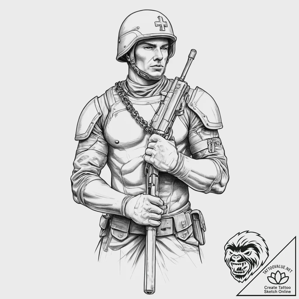 Tattoo sketch soldier with a chain, concept a... - tattoo sketch (№1755890627_0, 22.08.2025 19:23) — tattoovalue.net