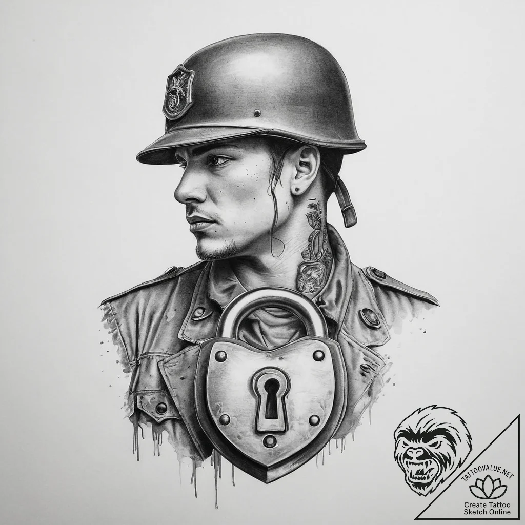 Tattoo sketch soldier with a lock, artistic t... - tattoo sketch (№1755898619_0, 22.08.2025 21:36) — tattoovalue.net