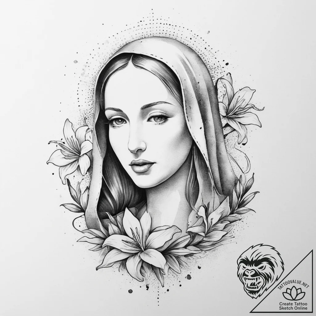 Tattoo sketch virgin mary with lilies, tattoo... - tattoo sketch (№1755900005_0, 22.08.2025 22:00) — tattoovalue.net