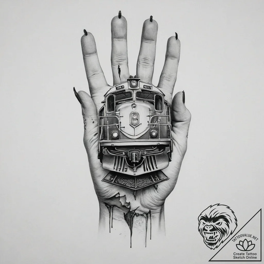 Tattoo sketch hands with a train, tattoo draw... - tattoo sketch (№1755905141_0, 22.08.2025 23:25) — tattoovalue.net