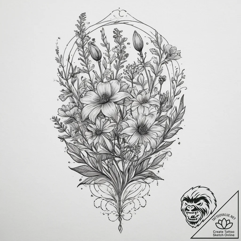 Wildflowers - neo traditional, muted color - tattoo sketch (№1755907794_0, 23.08.2025 00:09) — tattoovalue.net