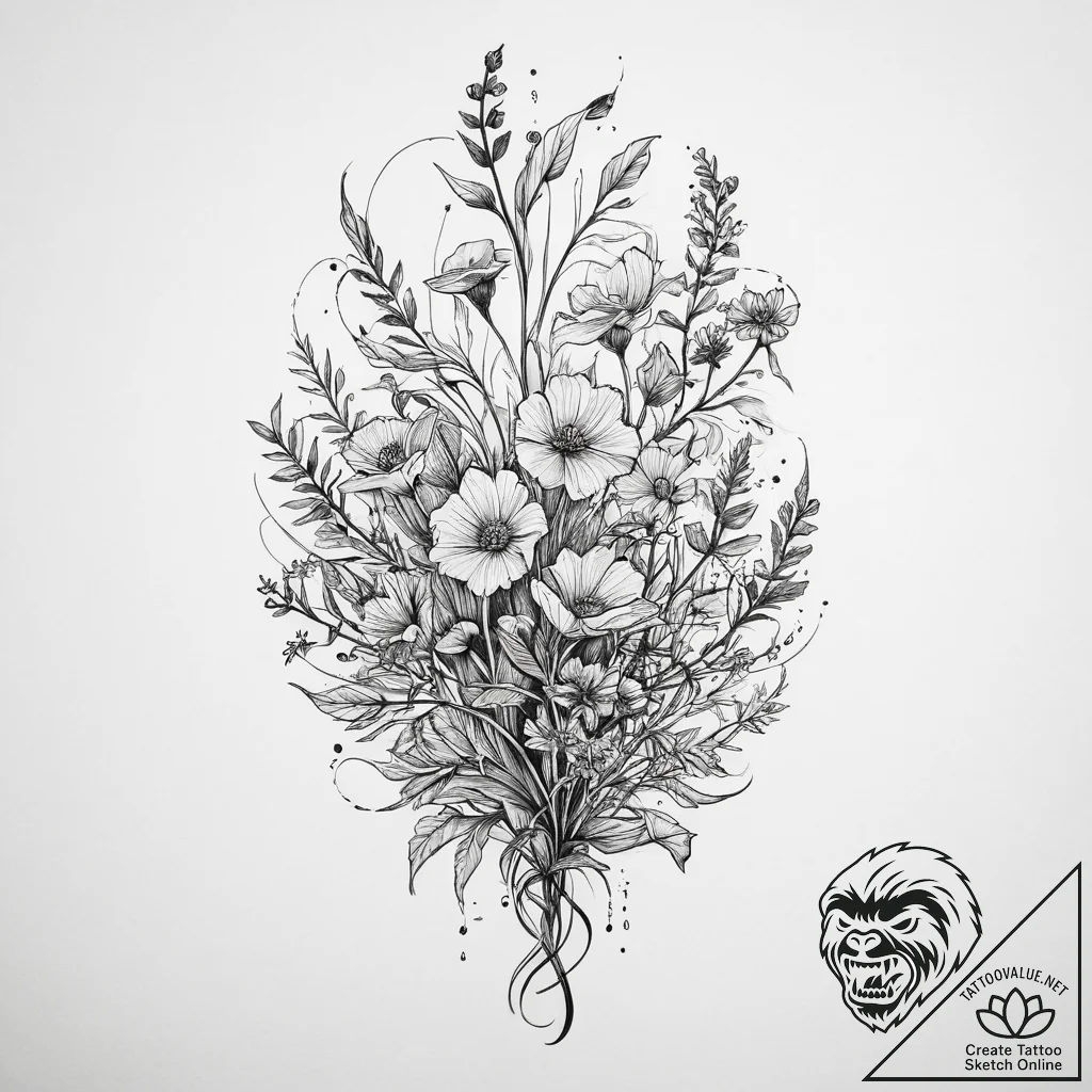 Wildflowers - neo traditional, soft edges - tattoo sketch (№1755907953_0, 23.08.2025 00:12) — tattoovalue.net