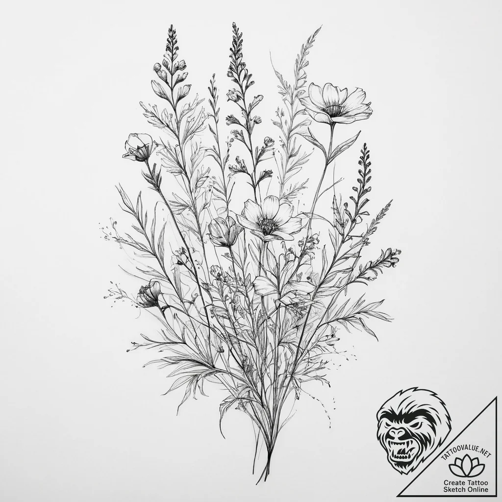 Wildflowers - minimalist composition - tattoo sketch (№1755908020_0, 23.08.2025 00:13) — tattoovalue.net