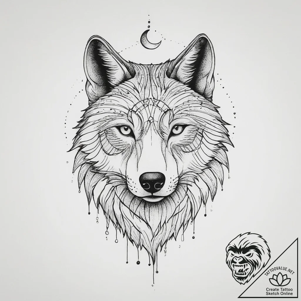 Tattoo sketch a wolf with a moon, tattoo sket... - tattoo sketch (№1755915097_0, 23.08.2025 02:11) — tattoovalue.net