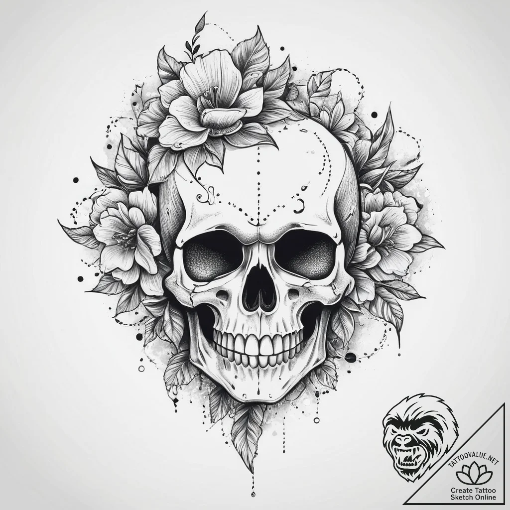 Tattoo sketch узор в виде черепа с цветами, t... - tattoo sketch (№1755915887_0, 23.08.2025 02:24) — tattoovalue.net
