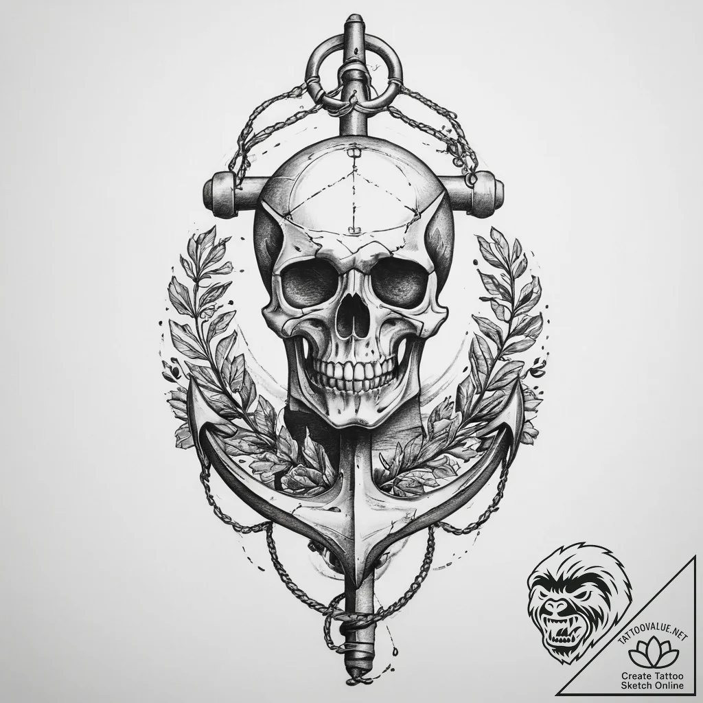 Tattoo sketch anchor with a skull - tattoo sketch (№1755917853_0, 23.08.2025 02:57) — tattoovalue.net