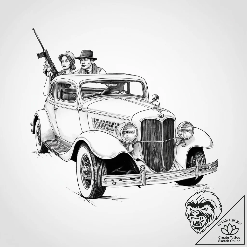 Tattoo sketch bonnie and clyde with a car - tattoo sketch (№1755925218_0, 23.08.2025 05:00) — tattoovalue.net