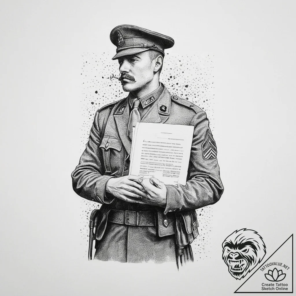 Tattoo sketch soldier with a document, ink il... - tattoo sketch (№1755931197_0, 23.08.2025 06:39) — tattoovalue.net