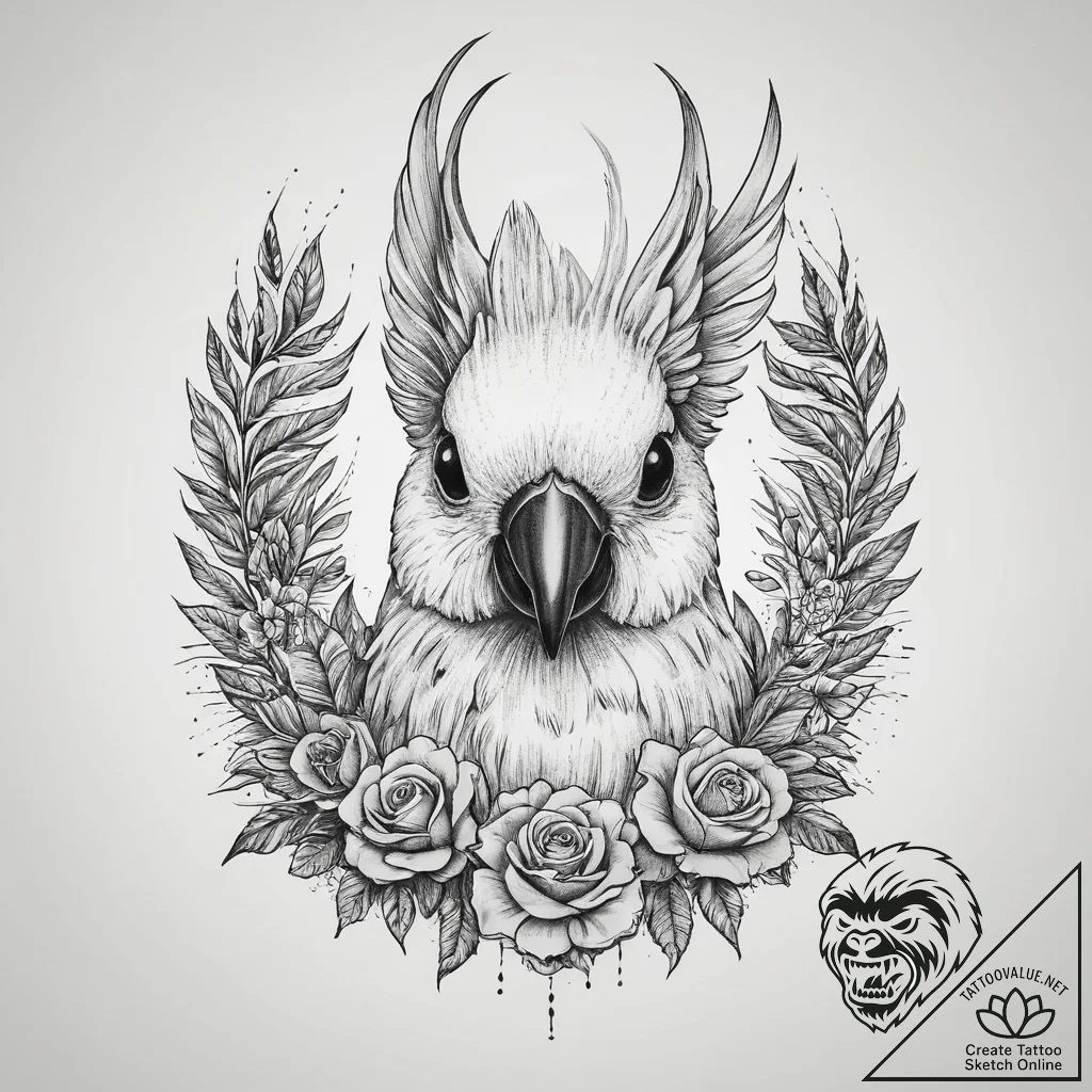 Tattoo sketch puns a cockatoo that says "i'm... - tattoo sketch (№1755934367_0, 23.08.2025 07:32) — tattoovalue.net