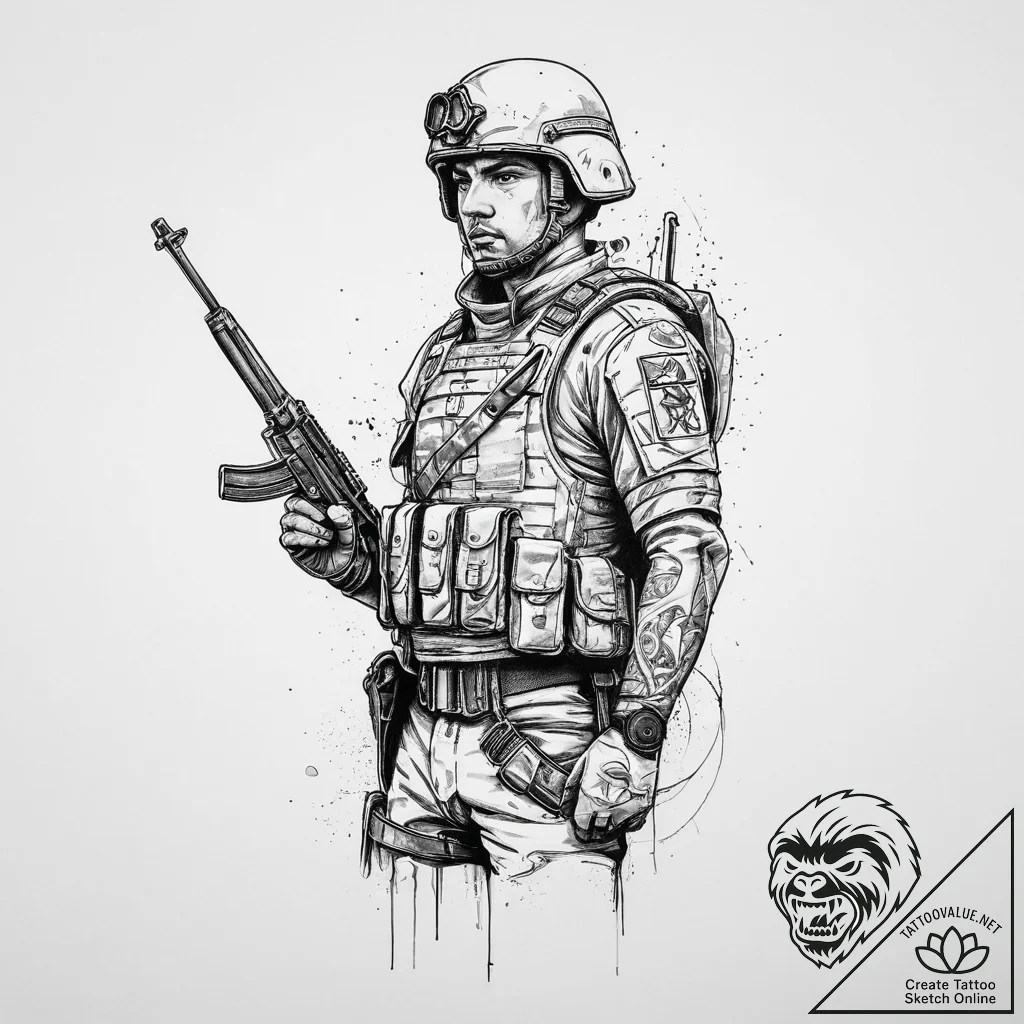 Tattoo sketch soldier with a loner, tattoo dr... - tattoo sketch (№1755935363_0, 23.08.2025 07:49) — tattoovalue.net