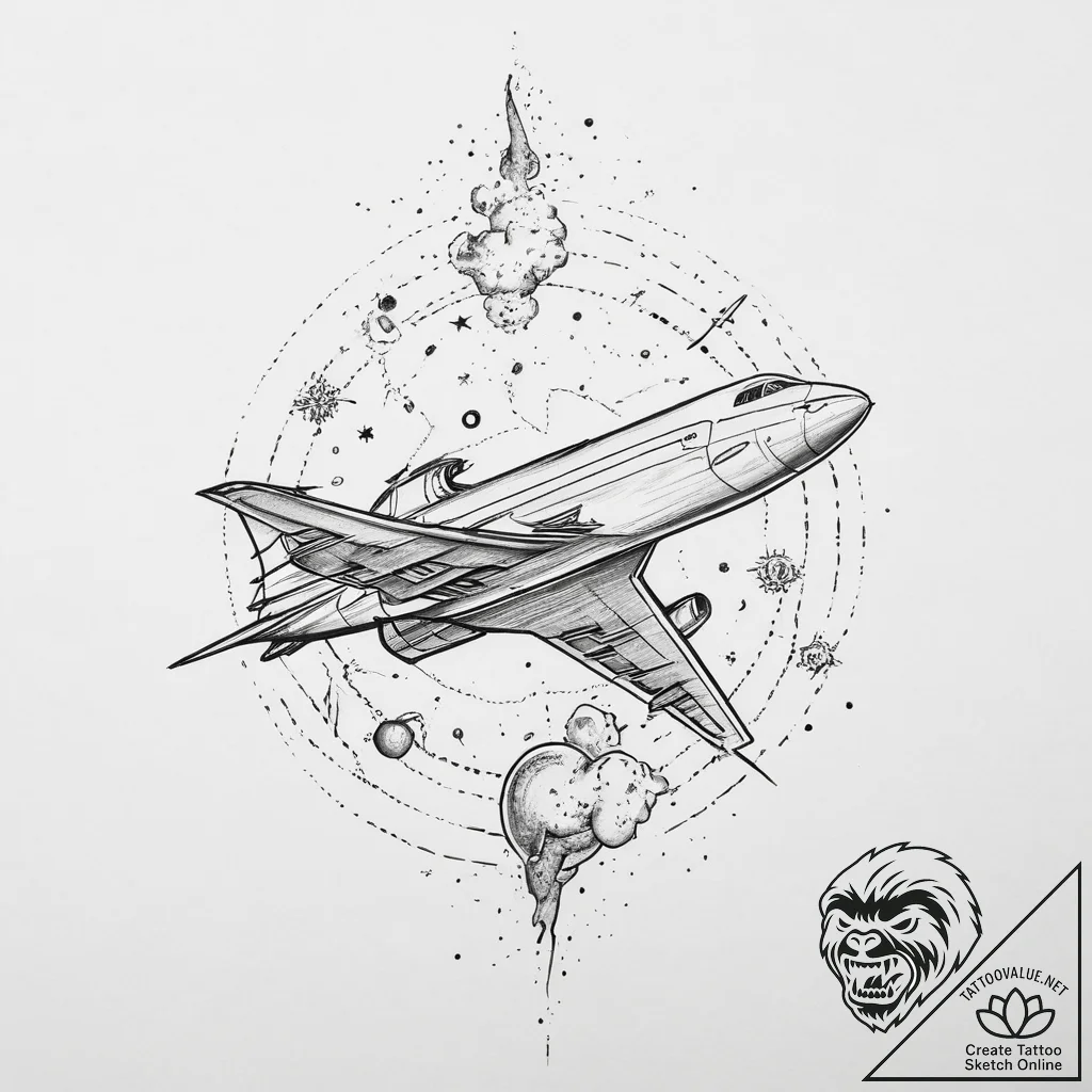 Tattoo sketch cosmic plane - tattoo sketch (№1755948051_0, 23.08.2025 11:20) — tattoovalue.net