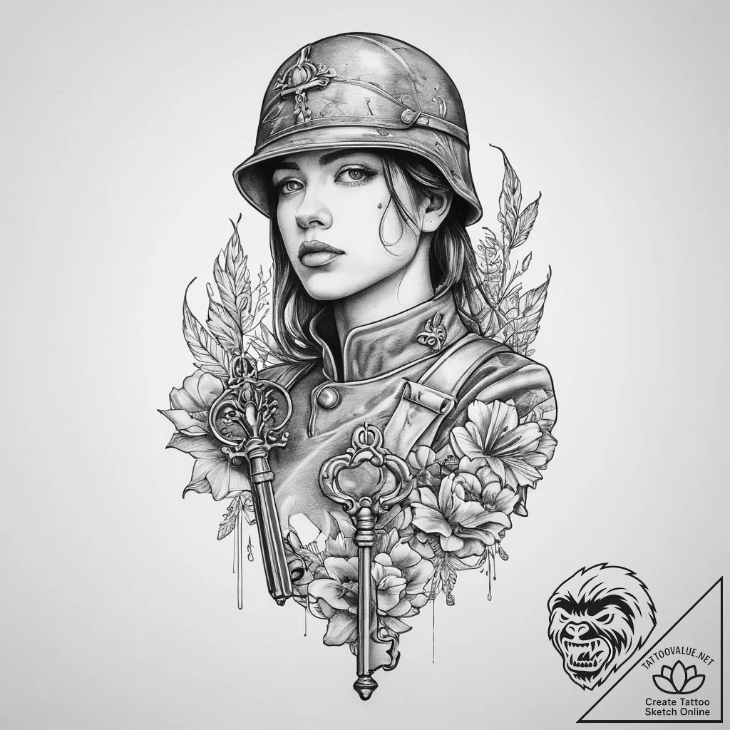 Tattoo sketch soldier with a key, tattoo line... - tattoo sketch (№1755956224_0, 23.08.2025 13:37) — tattoovalue.net