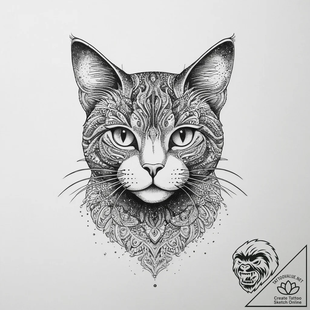 Tattoo sketch cat, ink illustration for tatto... - tattoo sketch (№1755959322_0, 23.08.2025 14:28) — tattoovalue.net