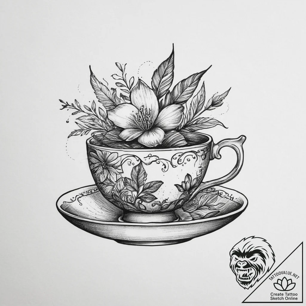 Tattoo sketch teacup with a plant, tattoo ske... - tattoo sketch (№1755965723_0, 23.08.2025 16:15) — tattoovalue.net