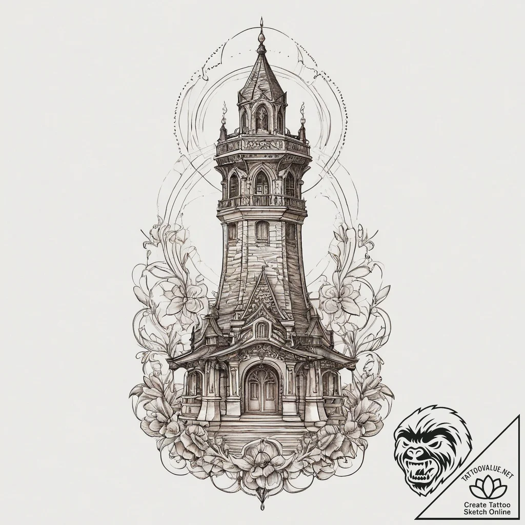 Tattoo sketch tower, tattoo line art, on a cl... - tattoo sketch (№1755971349_0, 23.08.2025 17:49) — tattoovalue.net