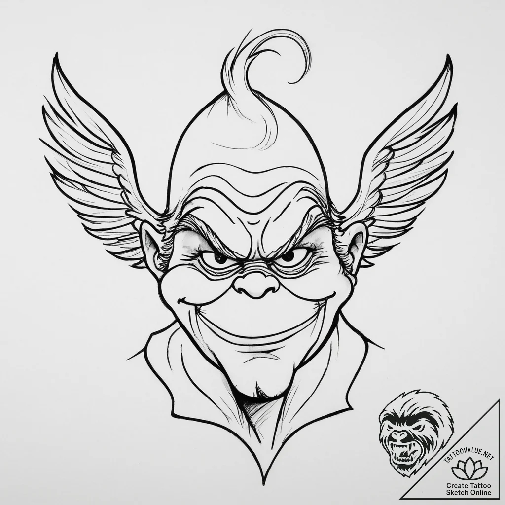 Tattoo sketch the grinch with a wing, tattoo... - tattoo sketch (№1755975291_0, 23.08.2025 18:54) — tattoovalue.net