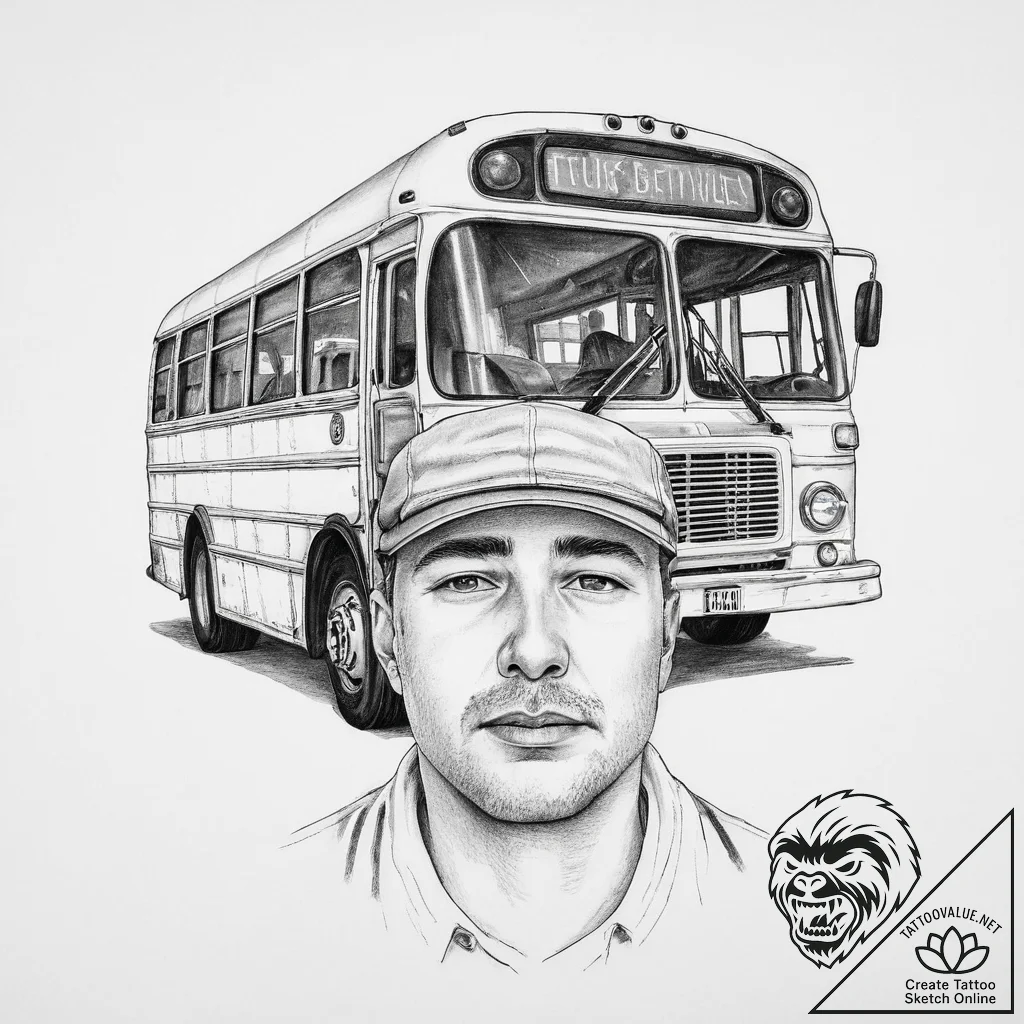 Tattoo sketch bus driver a person with a bus... - tattoo sketch (№1755976870_0, 23.08.2025 19:21) — tattoovalue.net
