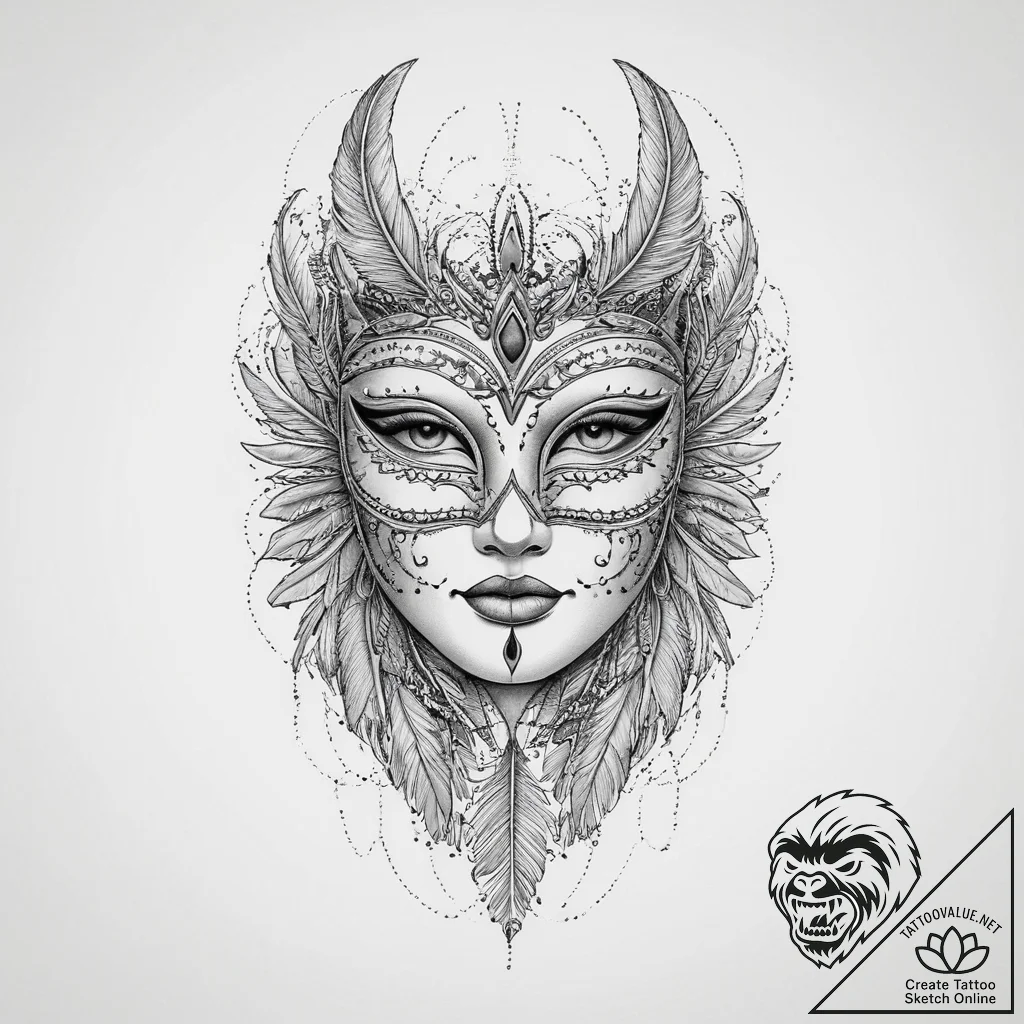 Tattoo sketch feathered mask tattoo, tattoo d... - tattoo sketch (№1755979729_0, 23.08.2025 20:08) — tattoovalue.net