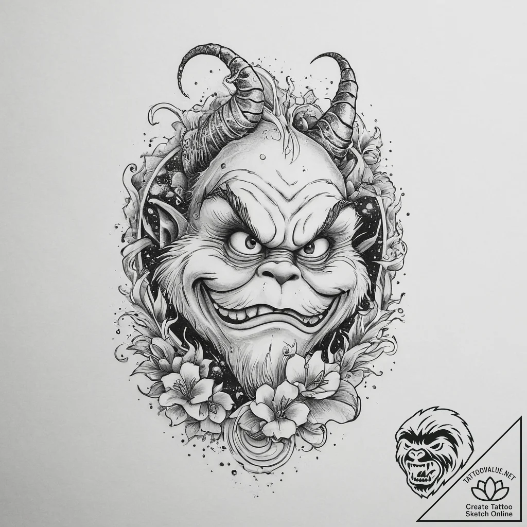 Tattoo sketch the grinch with a horn, tattoo... - tattoo sketch (№1755980322_0, 23.08.2025 20:18) — tattoovalue.net