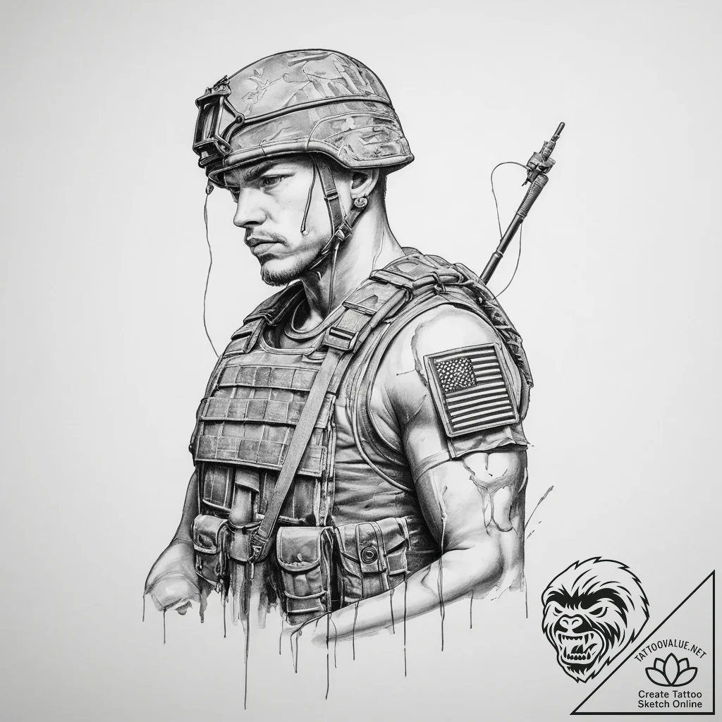 Tattoo sketch soldier with a thread - tattoo sketch (№1755988055_0, 23.08.2025 22:27) — tattoovalue.net
