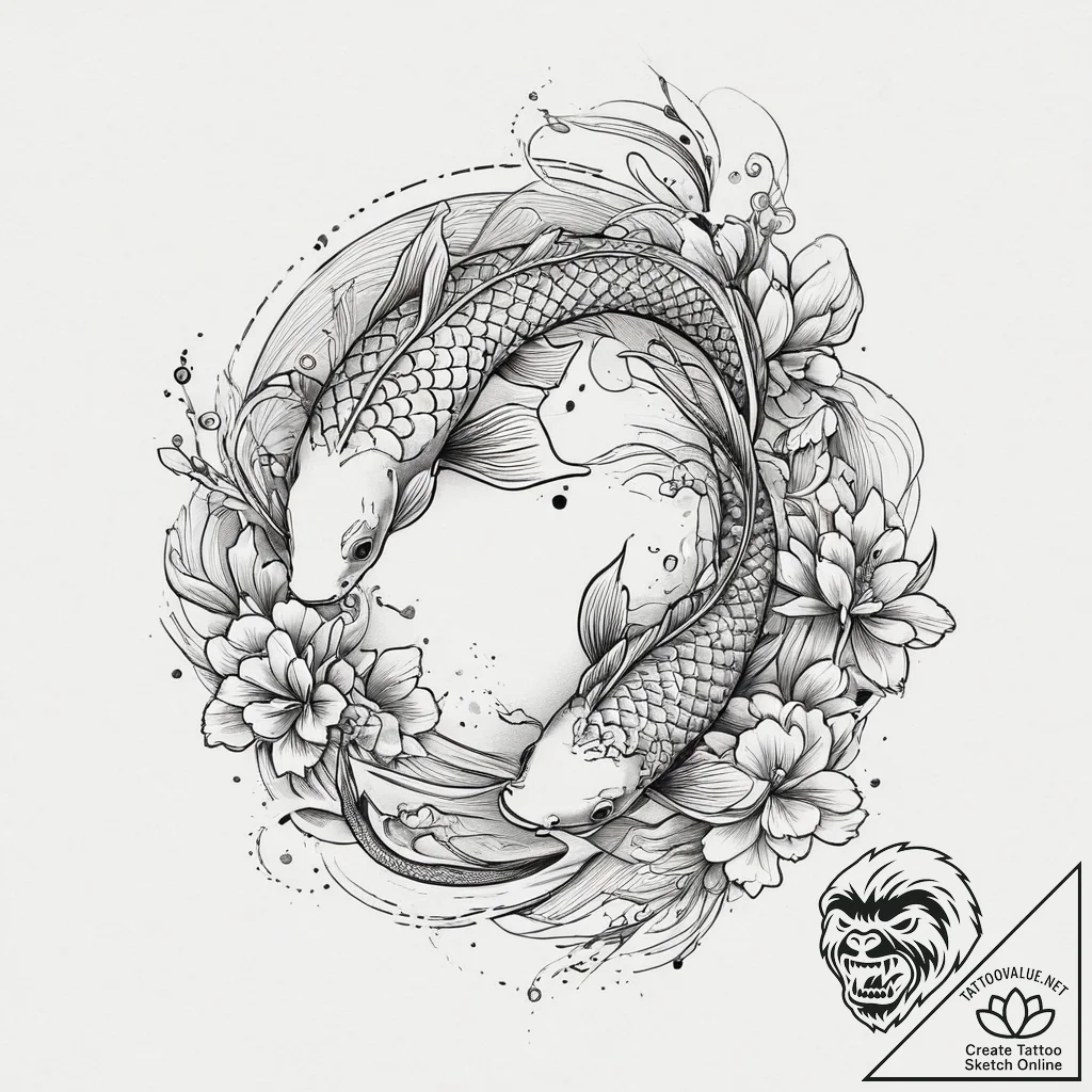 Tattoo sketch koi fish and lotus, ink illustr... - tattoo sketch (№1755988252_0, 23.08.2025 22:30) — tattoovalue.net