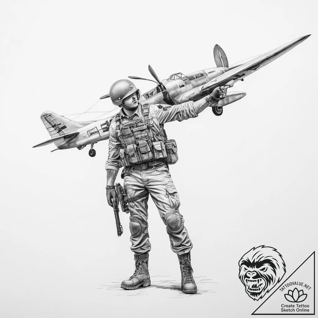 Tattoo sketch soldier with a plane - tattoo sketch (№1755989060_0, 23.08.2025 22:44) — tattoovalue.net