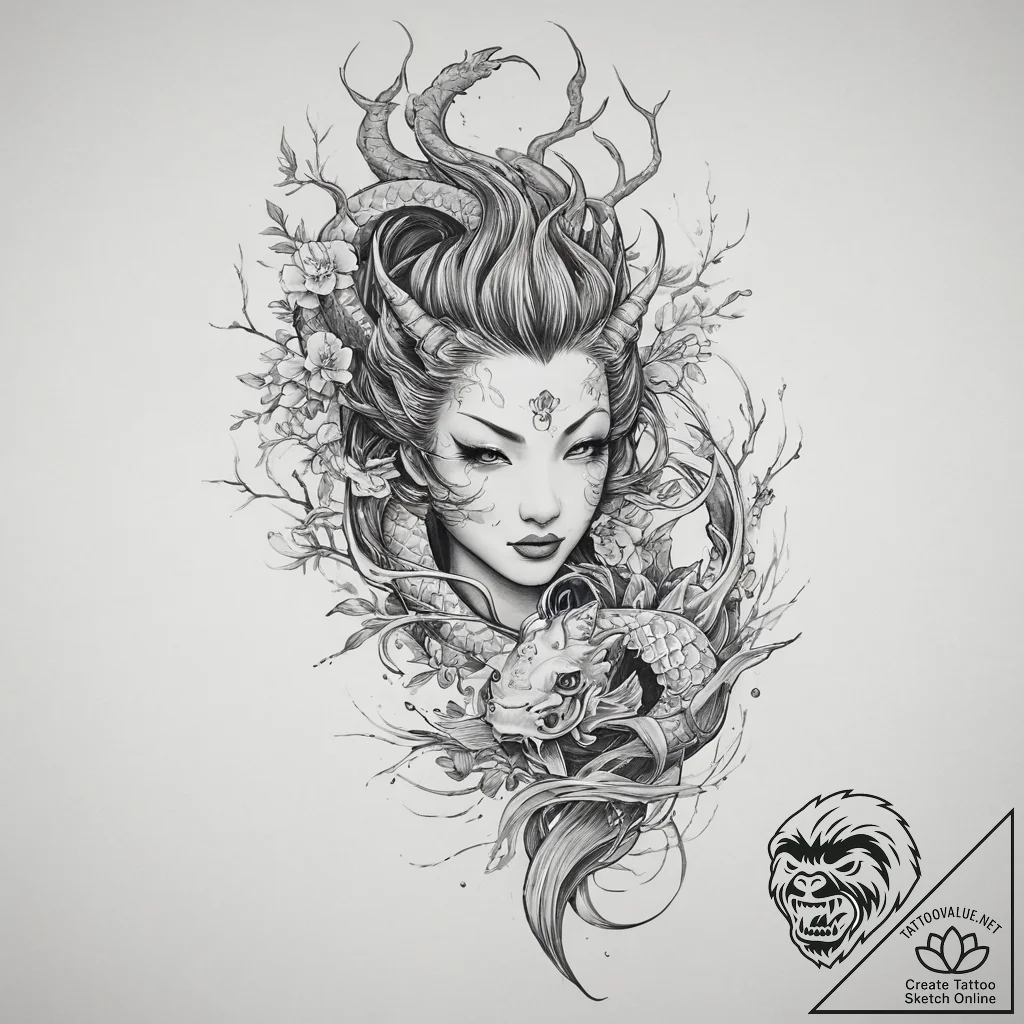 Tattoo sketch dryad in a tree, concept art fo... - tattoo sketch (№1755991271_0, 23.08.2025 23:21) — tattoovalue.net