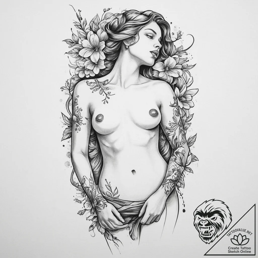 Tattoo sketch torso of a person with flowers... - tattoo sketch (№1755997691_0, 24.08.2025 01:08) — tattoovalue.net