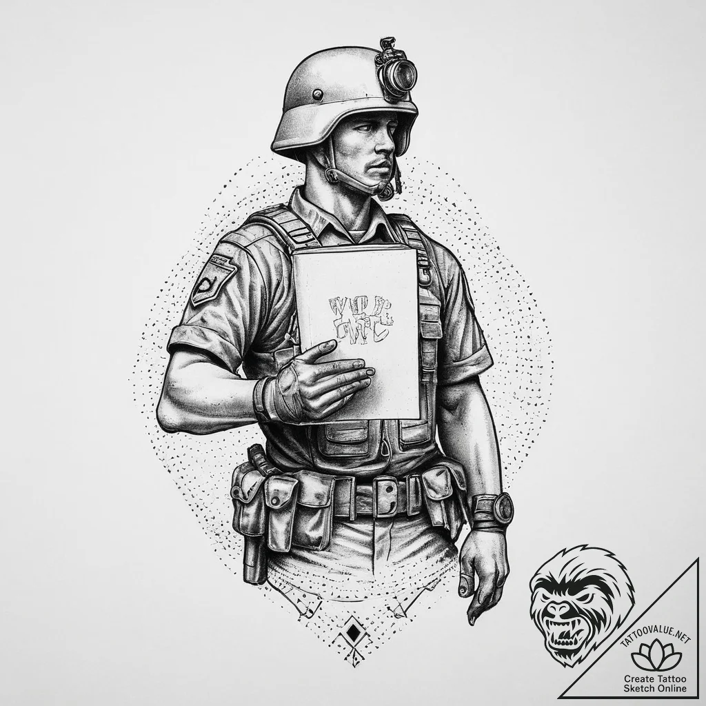 Tattoo sketch soldier with a book, concept ar... - tattoo sketch (№1755998092_0, 24.08.2025 01:14) — tattoovalue.net