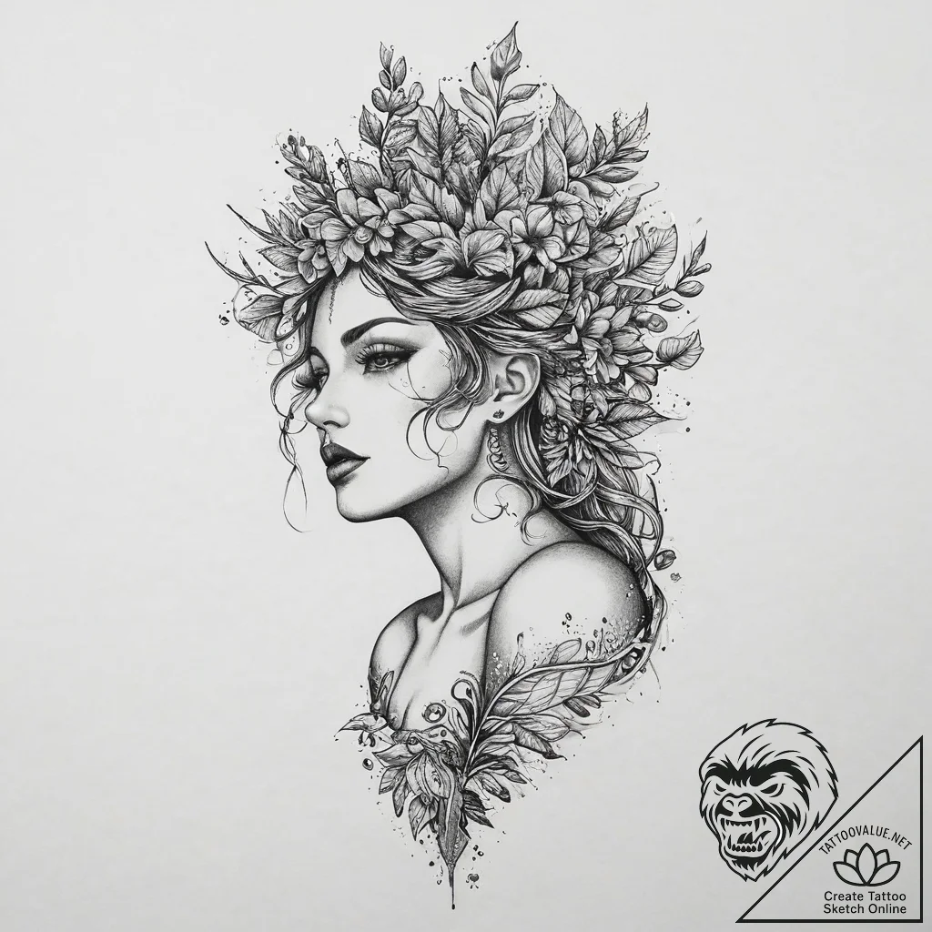 Tattoo sketch dryad, tattoo sketch design, do... - tattoo sketch (№1756000099_0, 24.08.2025 01:48) — tattoovalue.net