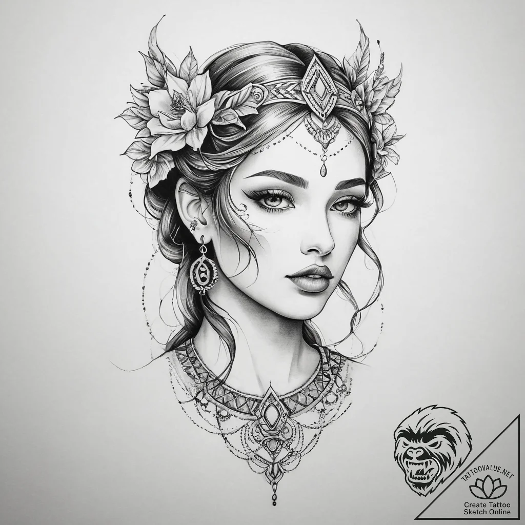 Tattoo sketch goddess tattoo - tattoo sketch (№1756003371_0, 24.08.2025 02:42) — tattoovalue.net