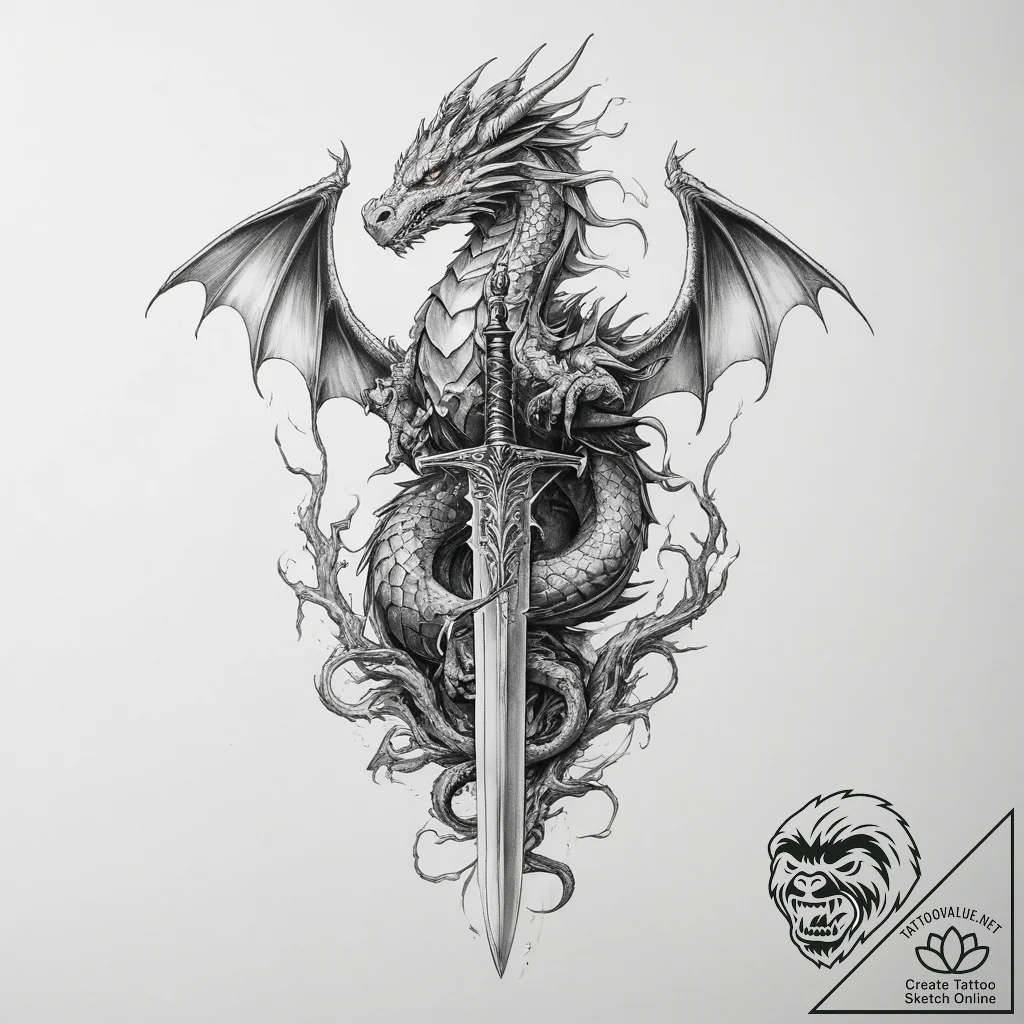 Tattoo sketch dragon with a sword - tattoo sketch (№1756004989_0, 24.08.2025 03:09) — tattoovalue.net