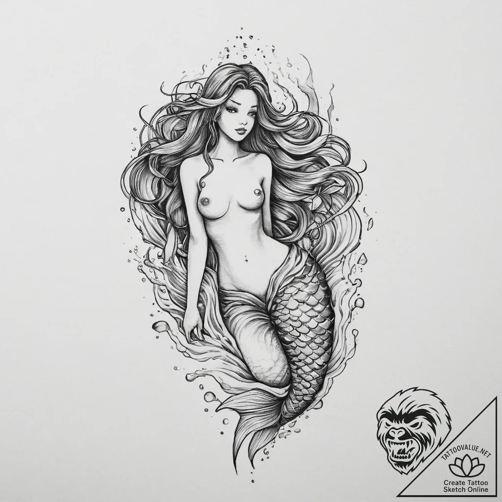 Tattoo sketch mermaid in water, ink illustrat... - tattoo sketch (№1756011818_0, 24.08.2025 05:03) — tattoovalue.net
