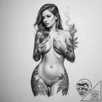 A naked woman who is smoking from a bong with… – sketch, realism b/w – tattoo sketch (№1756016234_0, 24.08.2025 06:17) — tattoovalue.net