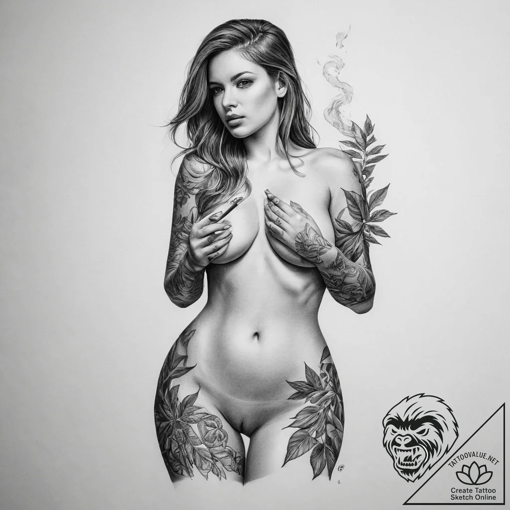A naked woman who is smoking from a bong with... - sketch, realism b/w - tattoo sketch (№1756016234_0, 24.08.2025 06:17) — tattoovalue.net