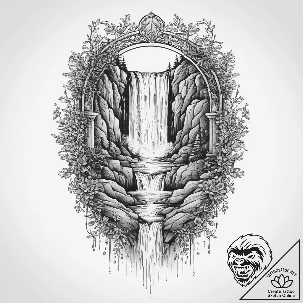 Tattoo sketch waterfall, concept art for tatt... - tattoo sketch (№1756020689_0, 24.08.2025 07:31) — tattoovalue.net