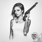 Tattoo sketch girl with a gun – tattoo sketch (№1756020887_0, 24.08.2025 07:34) — tattoovalue.net