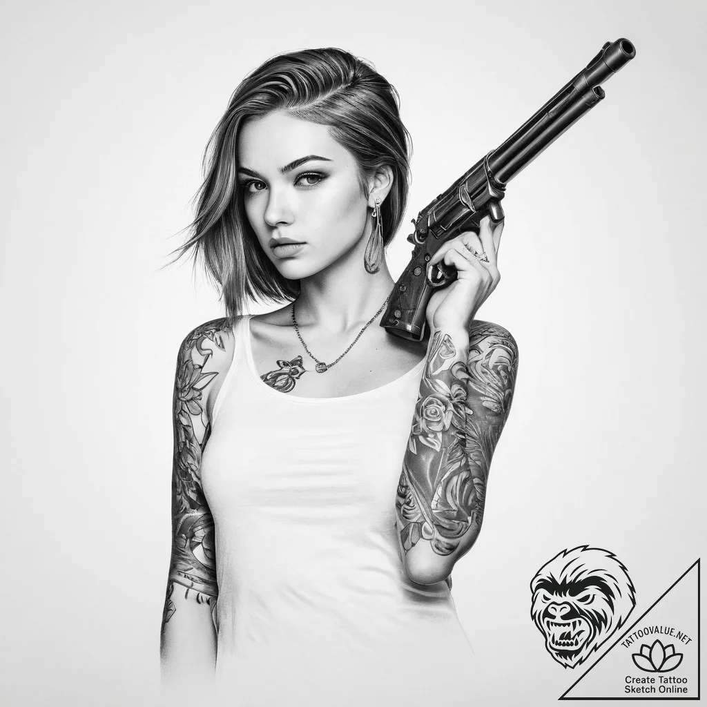 Tattoo sketch girl with a gun - tattoo sketch (№1756020887_0, 24.08.2025 07:34) — tattoovalue.net