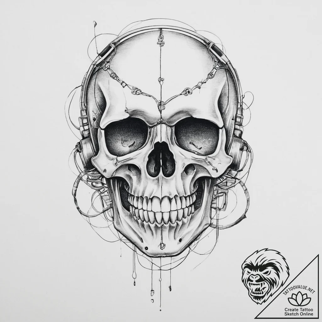 Tattoo sketch череп с проводами - tattoo sketch (№1756021686_0, 24.08.2025 07:48) — tattoovalue.net