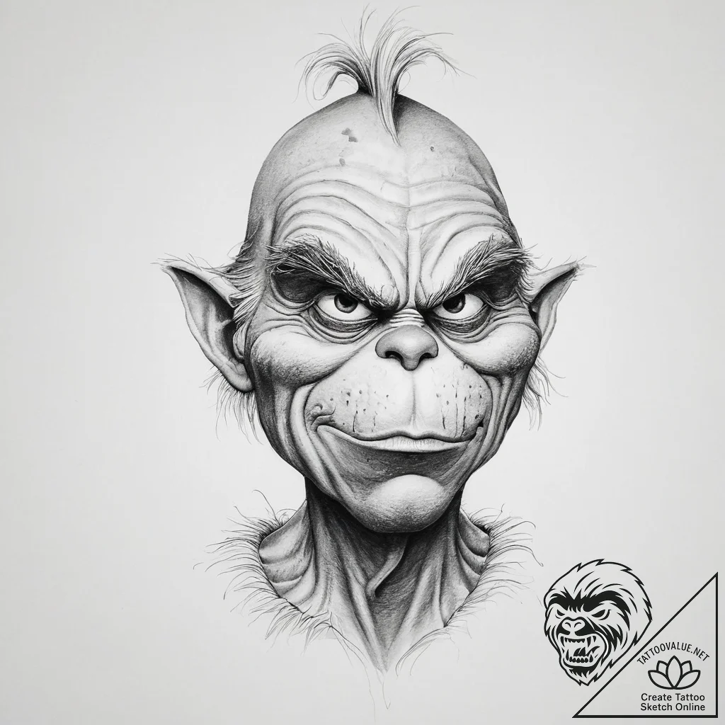 Tattoo sketch the grinch with a skin - tattoo sketch (№1756026286_0, 24.08.2025 09:04) — tattoovalue.net