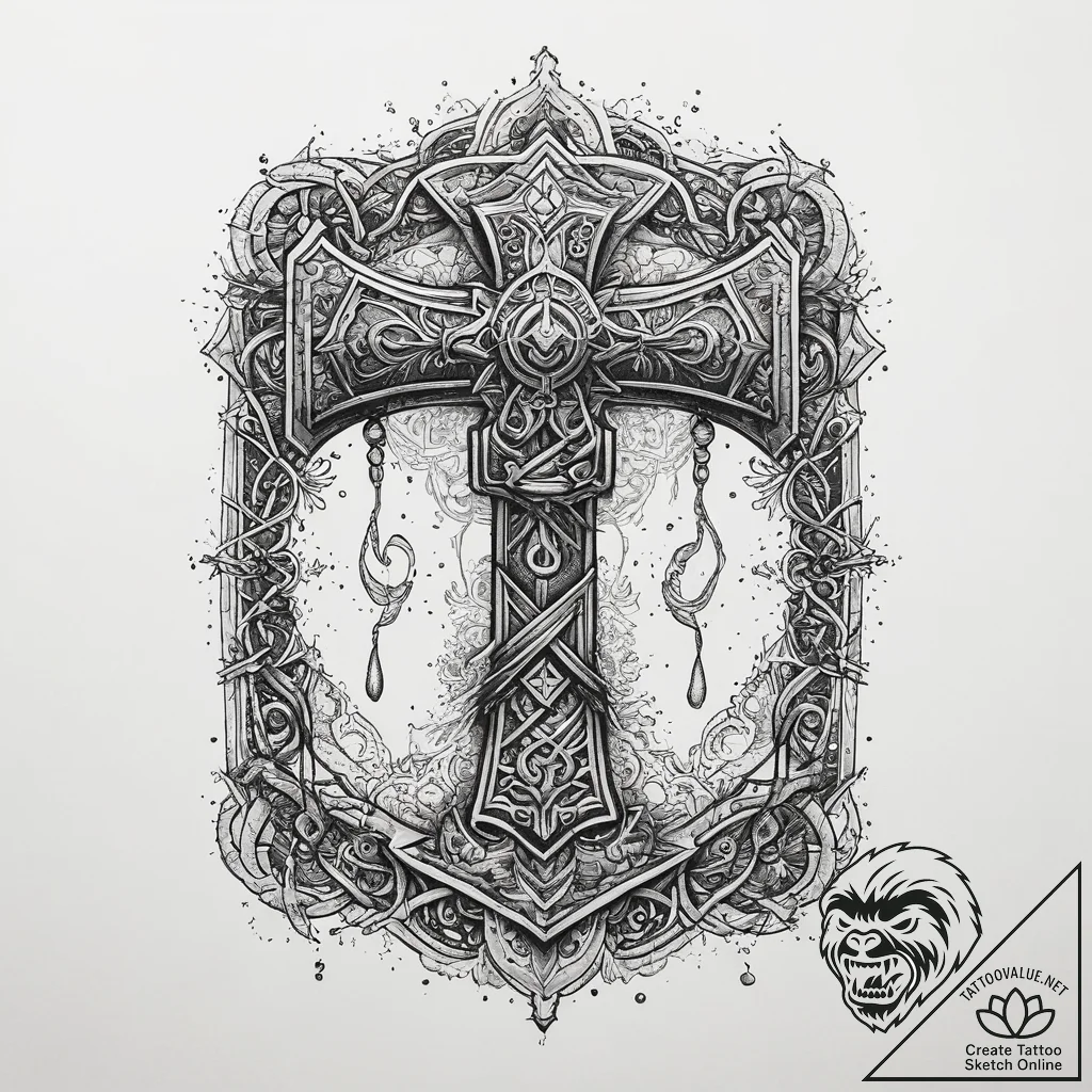 Tattoo sketch mjolnir with runes, tattoo flas... - tattoo sketch (№1756027085_0, 24.08.2025 09:18) — tattoovalue.net