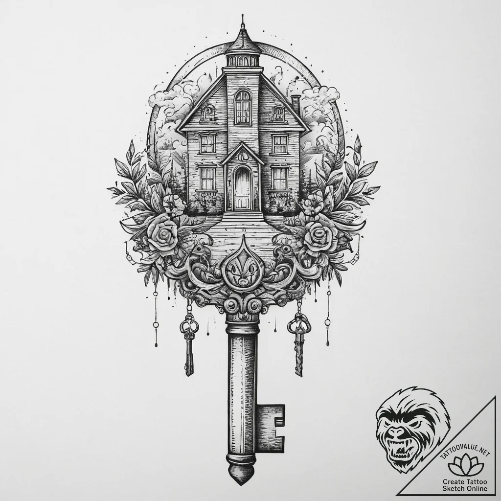 Tattoo sketch house key with a door, tattoo d... - tattoo sketch (№1756027492_0, 24.08.2025 09:24) — tattoovalue.net